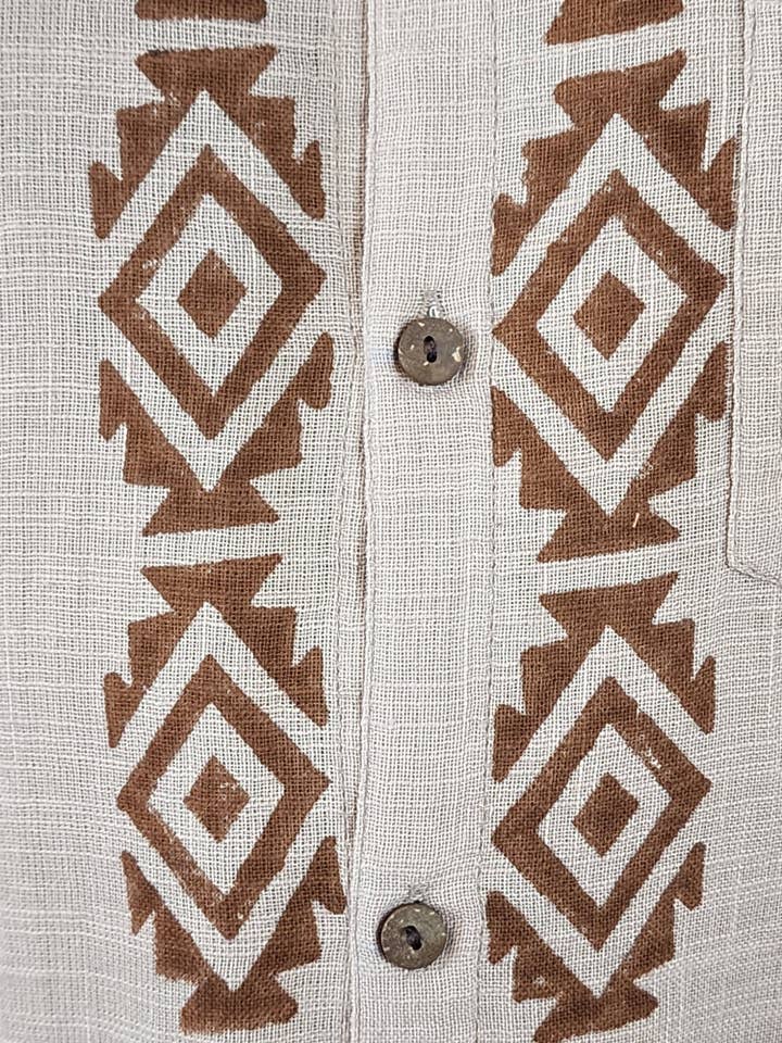 Sacred Ceremony - Wholesale Button Down Shirt - Men's - Men's Dusty Rose Organic Linen Short Sleeve Block-Printed Button-Down Shirt8