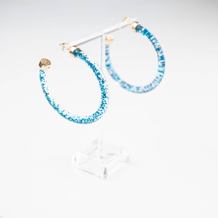 Hypo-Allergenic 2-Inch Hoop Earrings - Blue Glitter for wholesale by Hoo Hoops