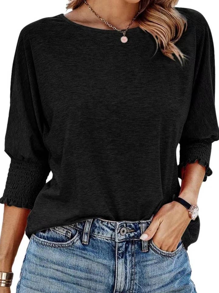 DE VAVE - Wholesale Blouse - Women's - Smocked Cuff Round Neck Blouse