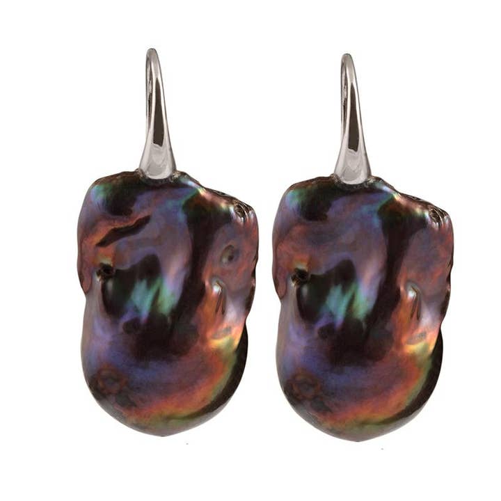 306-10-S | BRINCOS EM FORMA DE PÉROLA SELVAGEM (PRETO SOBRE PRATA) por atacado de Girl With A Pearl