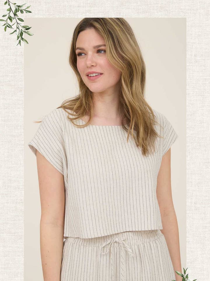 Blu Pepper - Wholesale Blouse - Dames - PINSTRIPE ACHTERKNOOP KORTE MOUW LINNEN TOP8