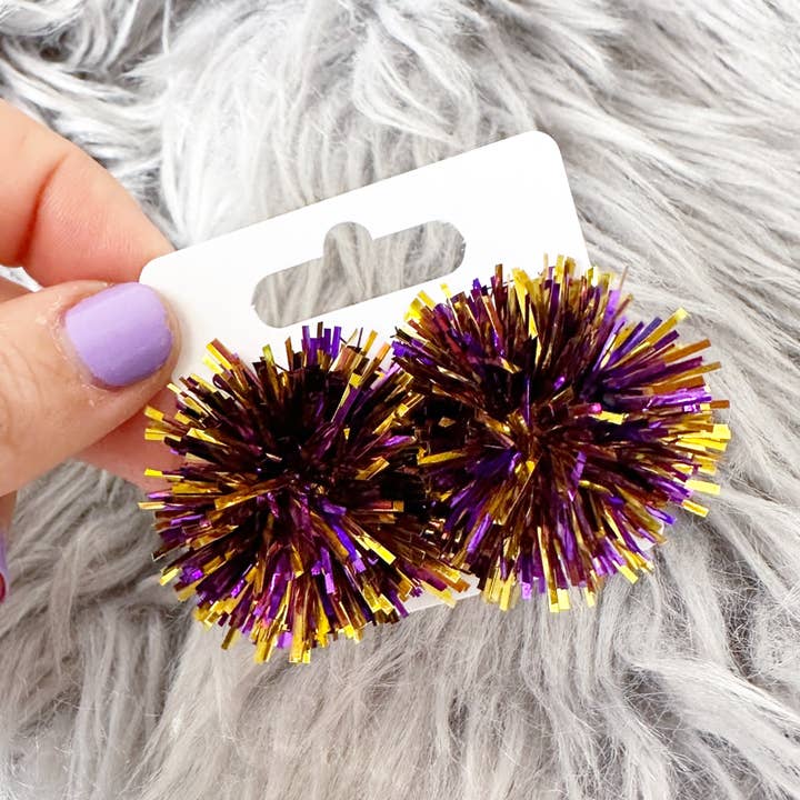 Sandy + Rizzo - Wholesale Stud/Post Earrings - Purple and Gold Tinsel Party Pom Stud