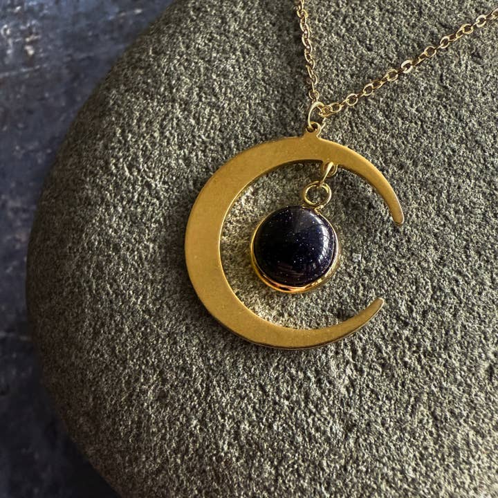 Starlit Crescent Necklace with Blue Sandstone for wholesale by Yugen Handmade