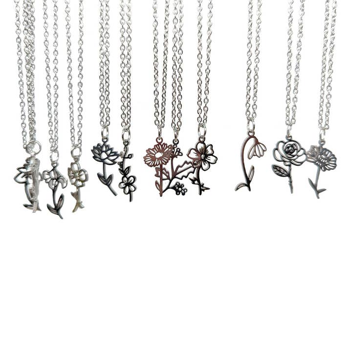 Silver Stainless Steel Birthday Flower Necklaces for wholesale by Stylish Jewelry Supply