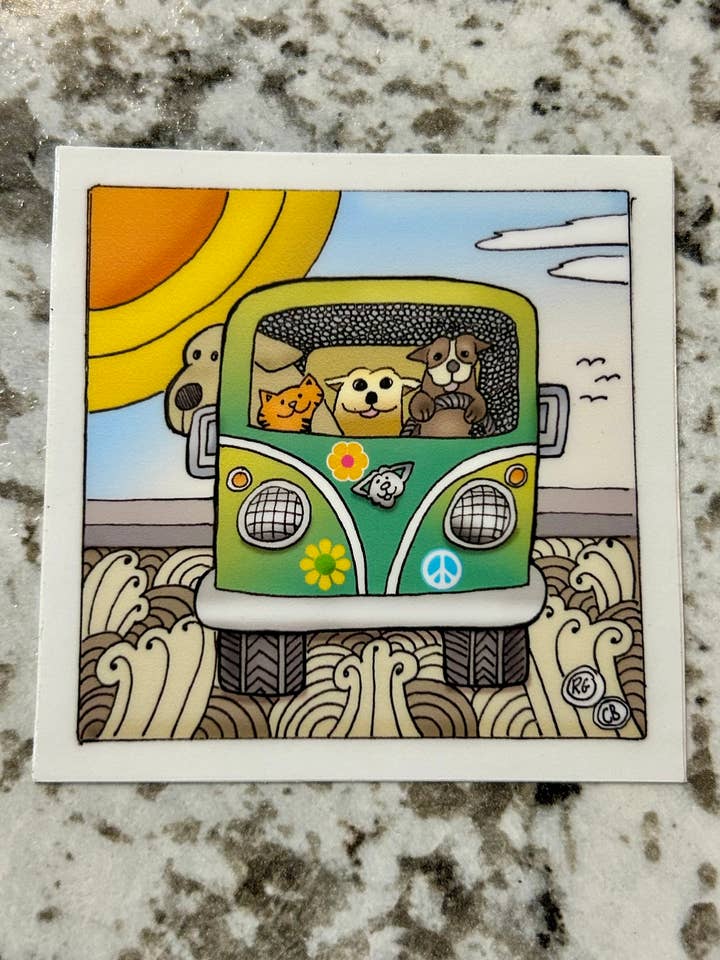 VW Peace Van Pop Dog Art Sticker for wholesale by Binky and Bell