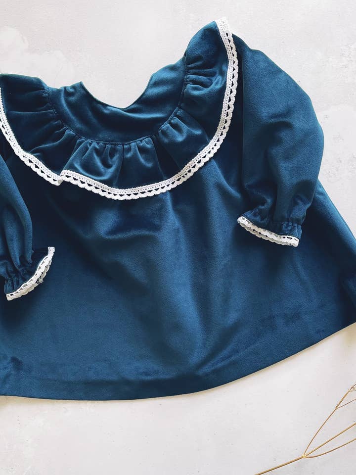 Ruffle Collar Christmas Dress - navy, red or green velvet for wholesale by Dainty Bear