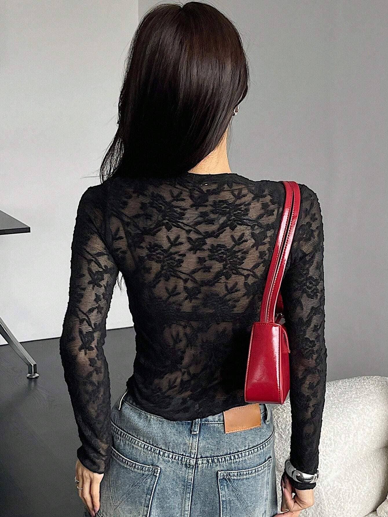 Sexy Black Sheer Lace Skinny Long-Sleeved Top for wholesale on Faire4