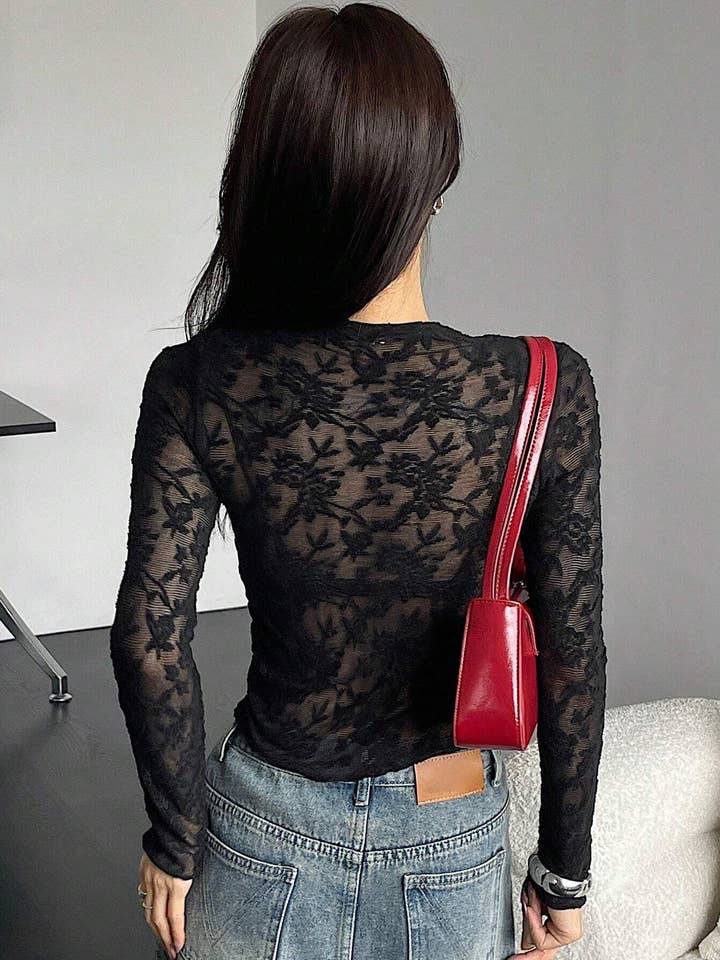 Sexy Black Sheer Lace Skinny Long-Sleeved Top for wholesale on Faire4