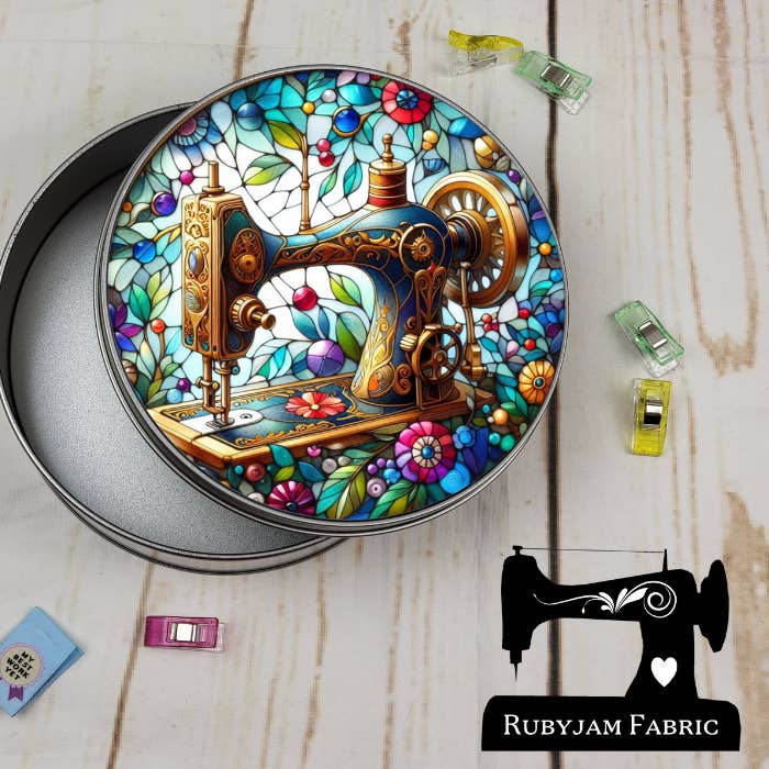 Máquina de coser, lata redonda de metal, 15 cm x 5 cm para venta al por mayor de Rubyjam Fabric