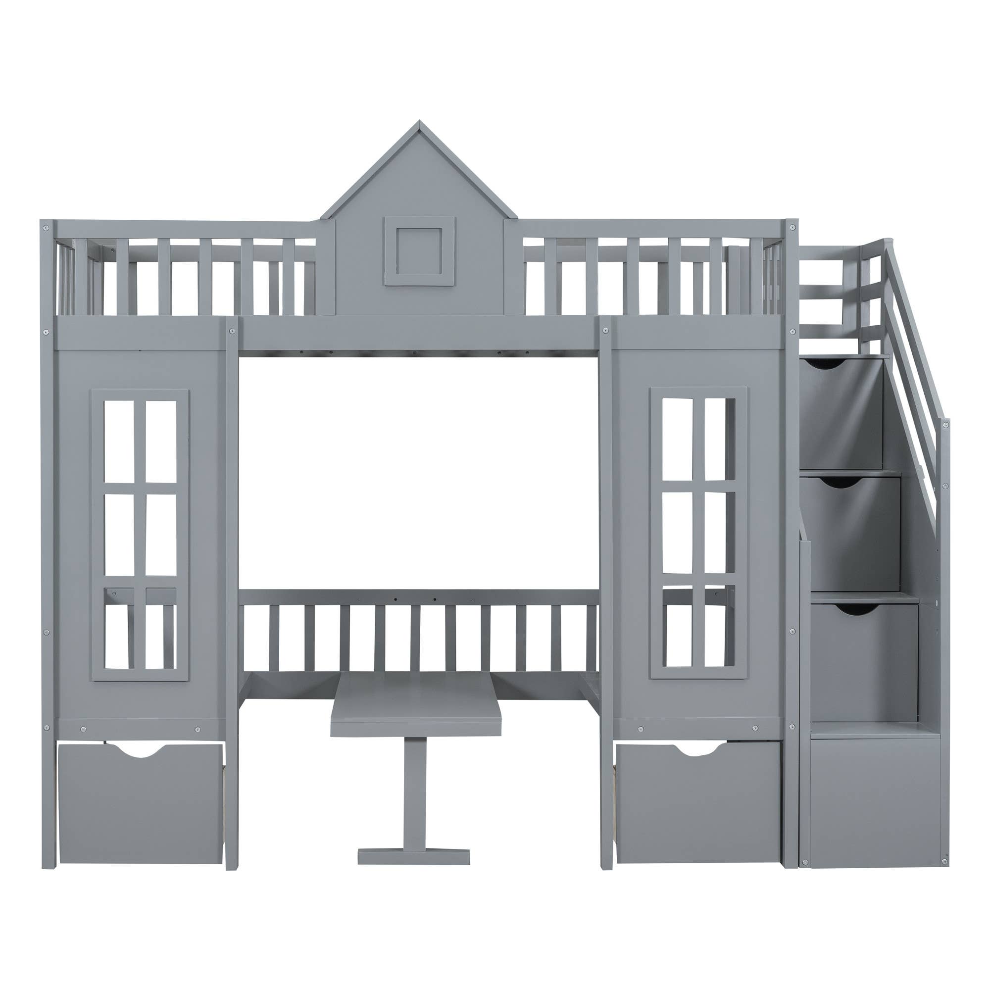 HomeRoots - Wholesale Bed - Gray Twin Over Twin Solid Wood Bunk Bed With Stairs And Desk And Drawers And Storage3