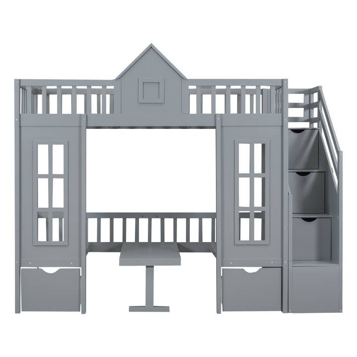 HomeRoots - Wholesale Bed - Gray Twin Over Twin Solid Wood Bunk Bed With Stairs And Desk And Drawers And Storage3