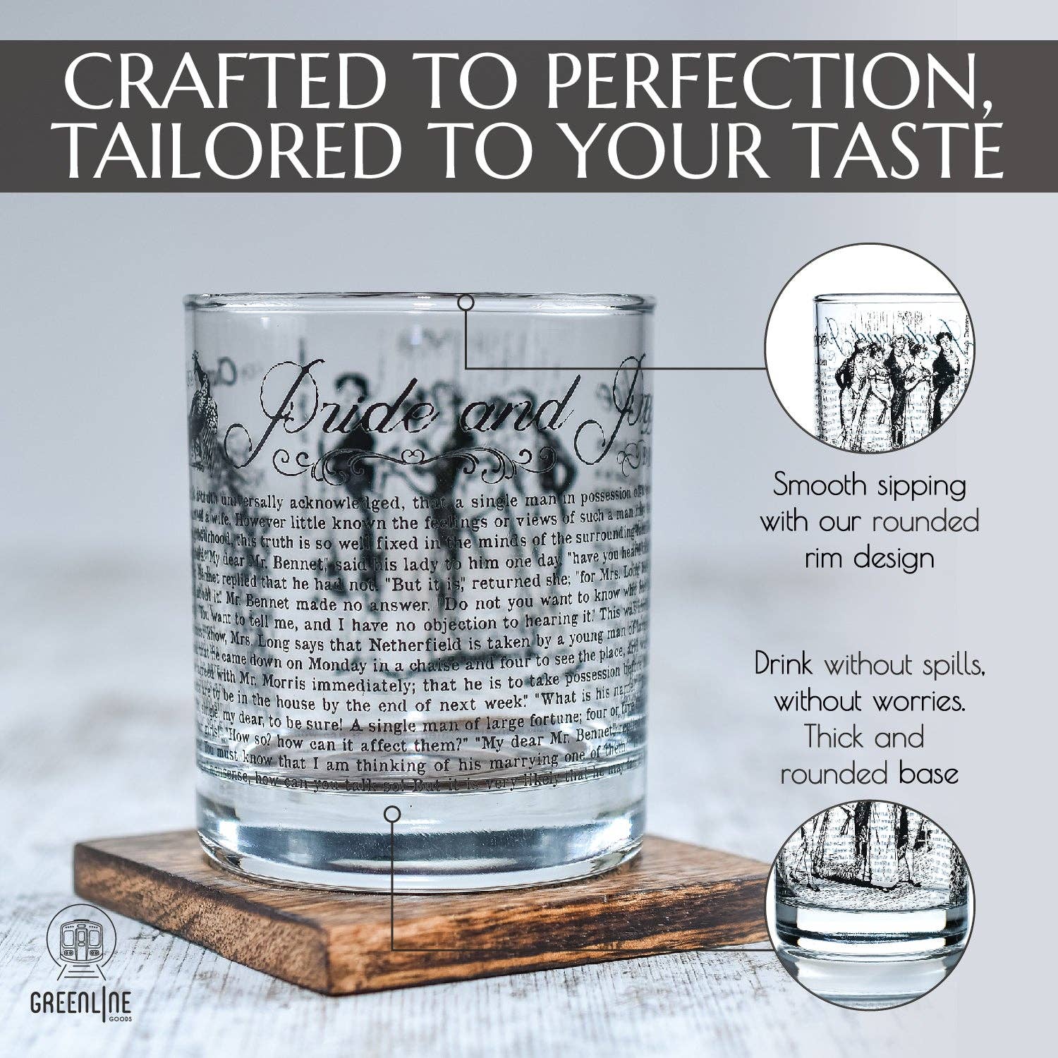 Greenline Goods - Wholesale Cocktail/Liquor Glass - Pride & Prejudice Literature Rocks Glass2