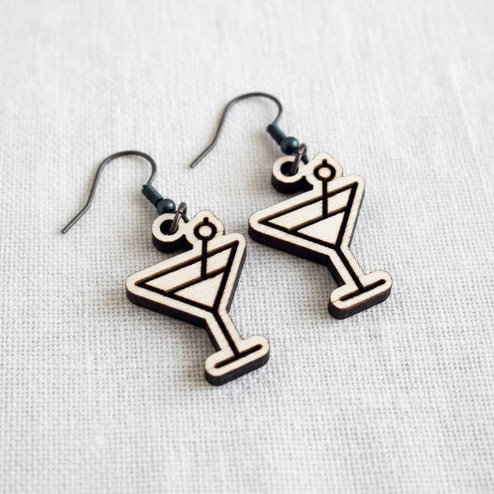 Martini Glass Engraved Wood Earrings© by Aurora North Home™ for wholesale by Aurora North Home