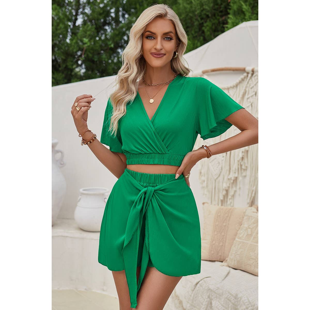 BLACK Two Pieces V Neck Ruffle Crop Shirt And Wrap Sets for wholesale on Faire15