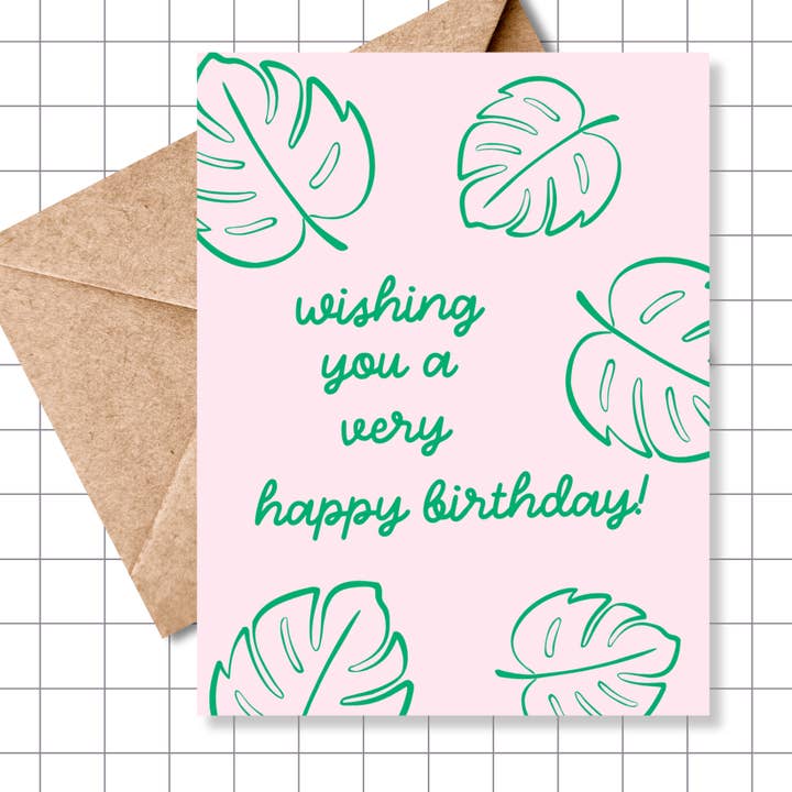 Monstera Leaf Birthday Greeting Card for wholesale by Motel Paper Los Angeles