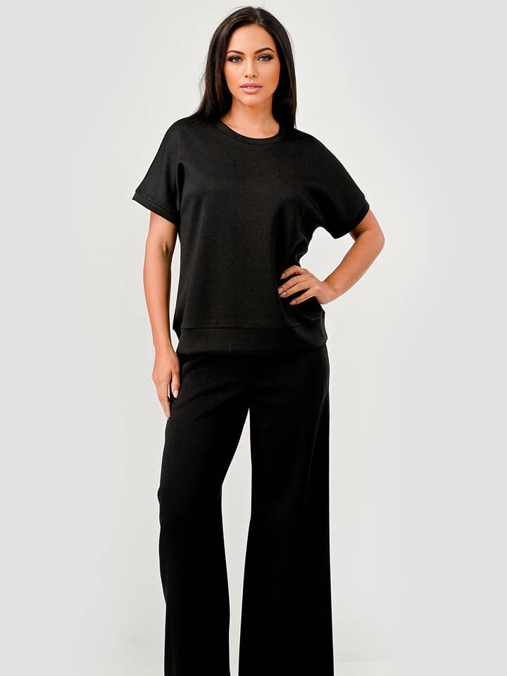 Scuba 2 pc Casual Sporty Athleisure Top and Pant Set Black for wholesale by Pixi + Ivy