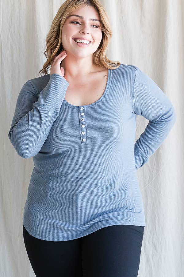 7th Ray - Wholesale Knit Top - Women's - [PLUS SIZE] Thermal Button Front Scoop Neck Top T4316XL3