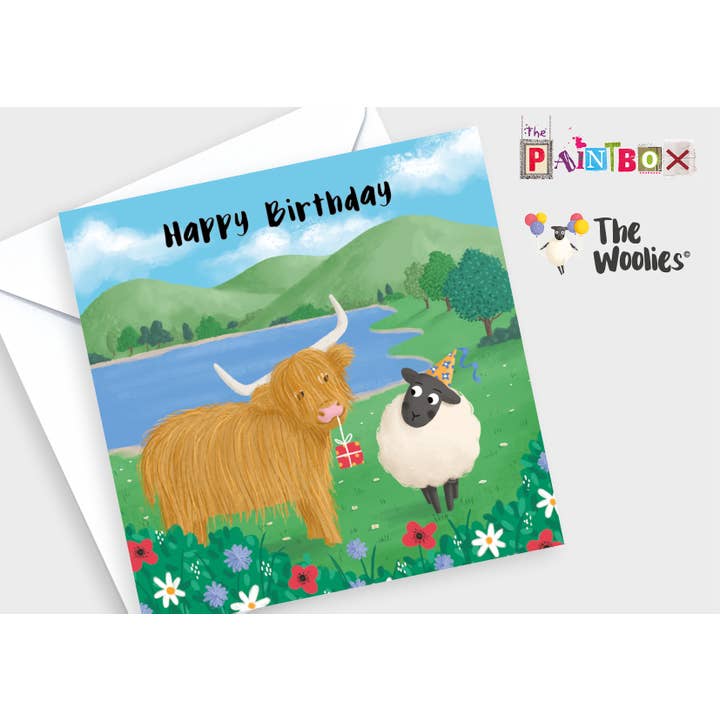 Feliz Cumpleaños Oveja y Vaca de las Tierras Altas Los English Woolies x6 para venta al por mayor de The Paintbox