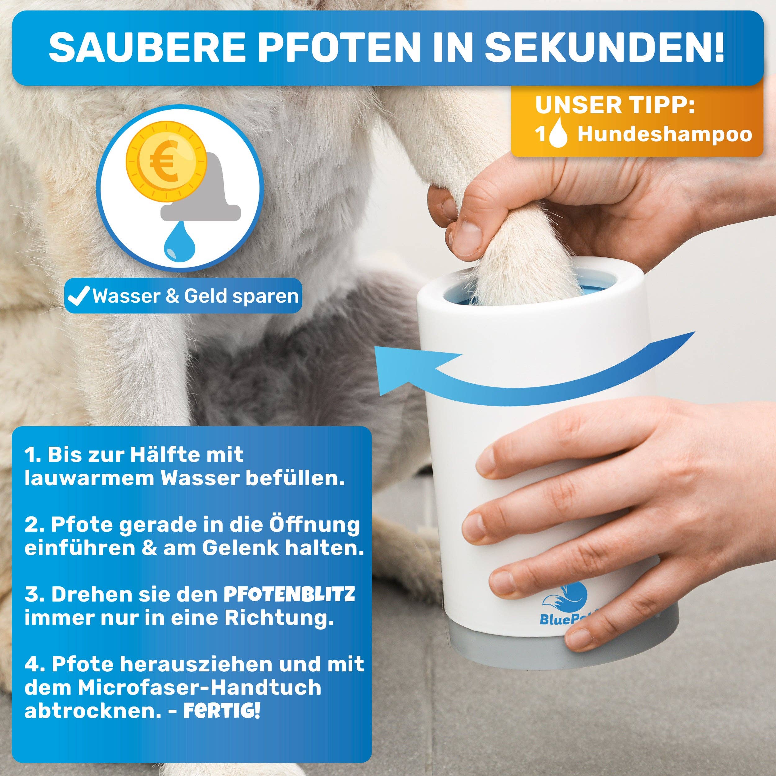 BluePet - Vendita all'ingrosso Strumento per la toelettatura del pelo - Cani - "PawBlitz" - detergente pratico per zampe di cani5