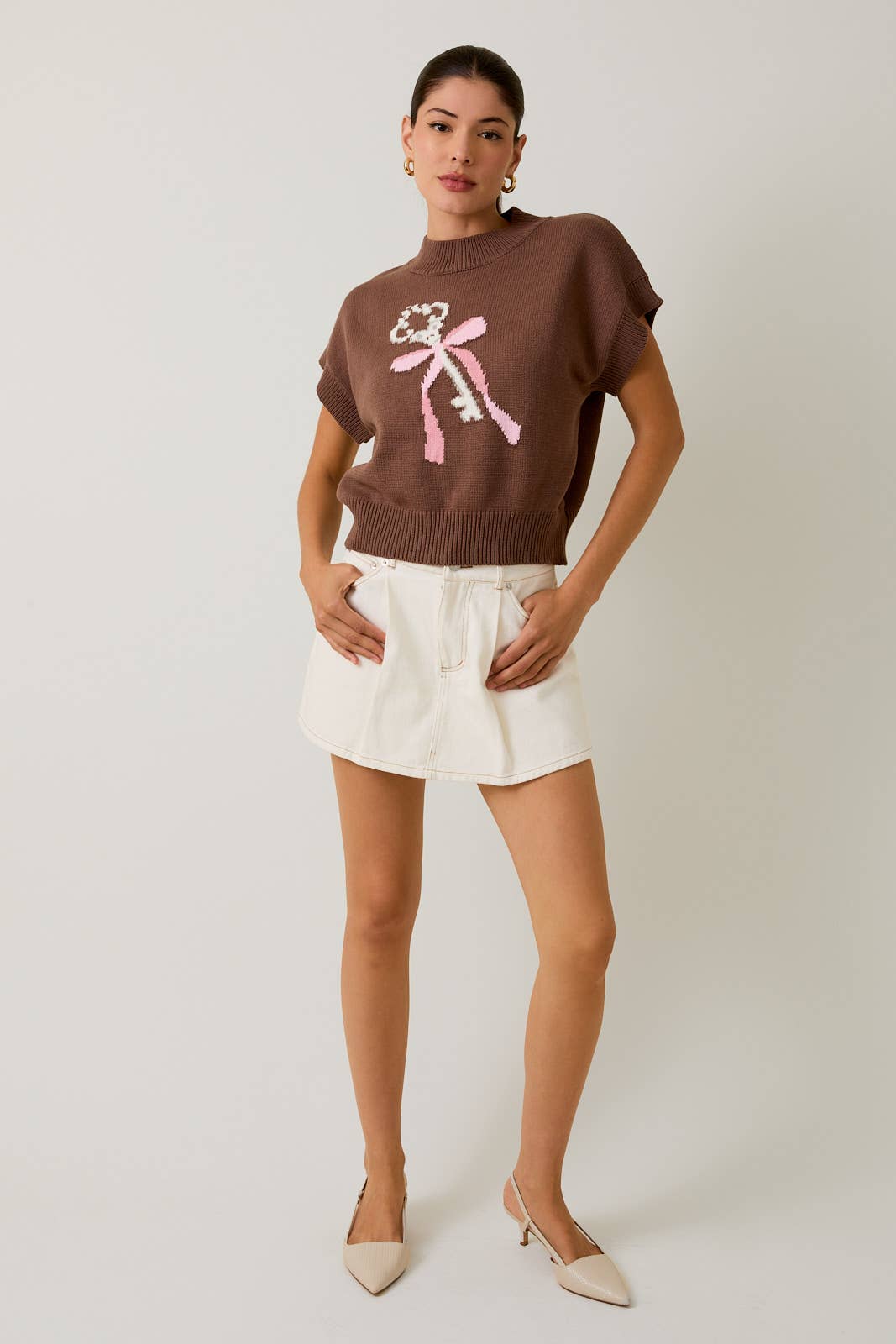 Brown MOCK NECK WIDE SHOULDER "KEY" GRAPHIC SWEATER for wholesale on Faire3