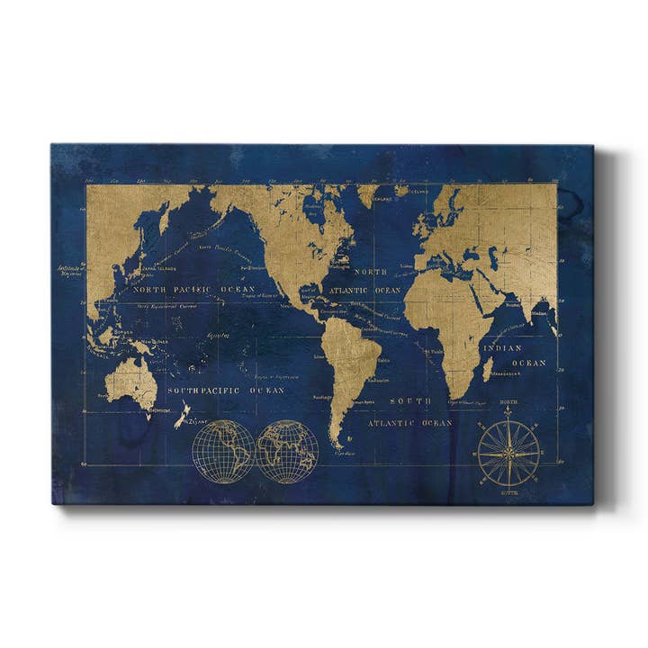 Indigo World Map, Canvas Wall Art for wholesale by Wexford Home