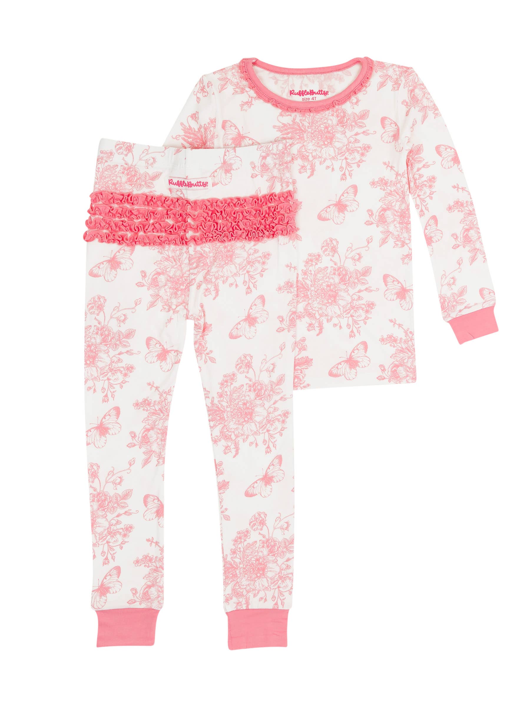 White SoftSnooze™ Toddler Girls Bamboo Viscose Pink Butterfly Garden Toile Ruffle Long Sleeve Pajama Set with Signature Rear Ruffles for wholesale on Faire0