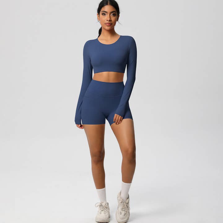 Sodalemon – Engroshandel Activewear-sæt – til kvinder – Kvinder Højtaljet Yogasæt: Langærmet Top + Shorts med Lommer10