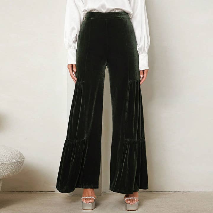 Darkgreen Velvet Draped High-Waisted Straight-Leg Wide-Leg Pants for wholesale on Faire3