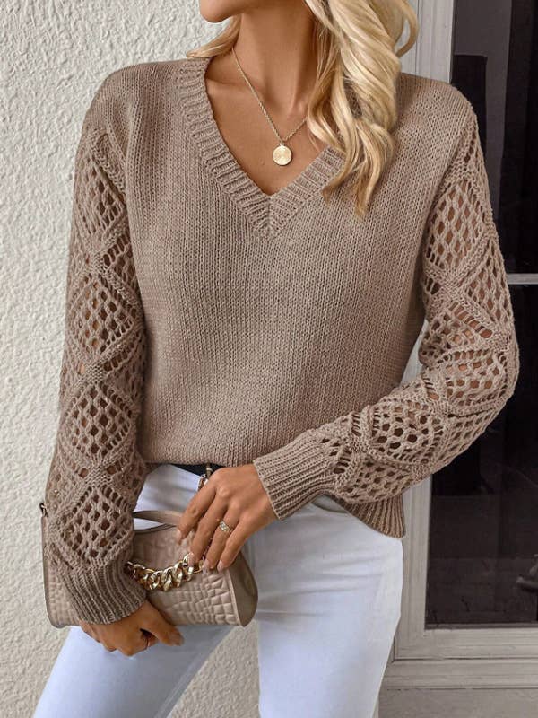 Miss Sparkling - Wholesale Knit Sweater - Women's - Women's Casual V-Neck Long Sleeve Hollow Knitted Sweater1
