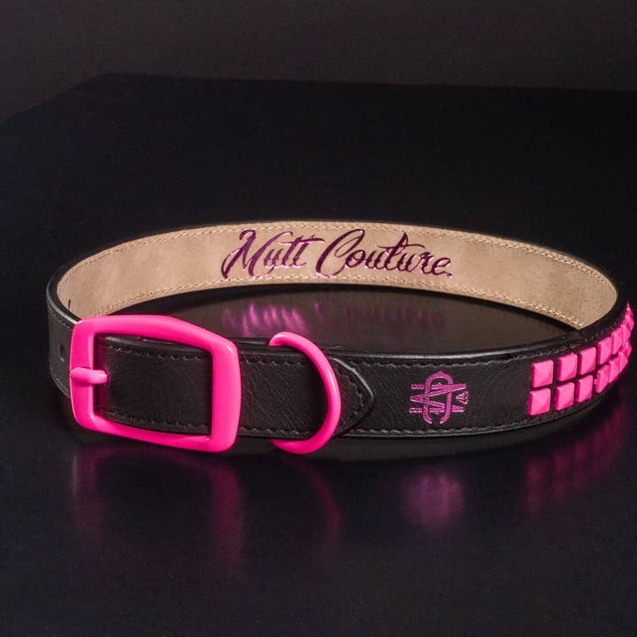 Mutt Couture - Wholesale Pet Collar - Dog - Black Leather Dog Collar With Pink Studs