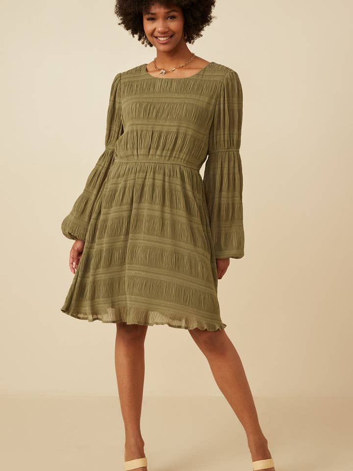 Olive Womens Mixed Pleated Peasant Sleeve Dress for wholesale on Faire3