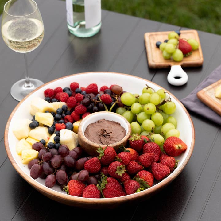 Wood + White Acacia Wood Chip and Dip Serving Bowl, 15 inch for wholesale by Jeanne Fitz
