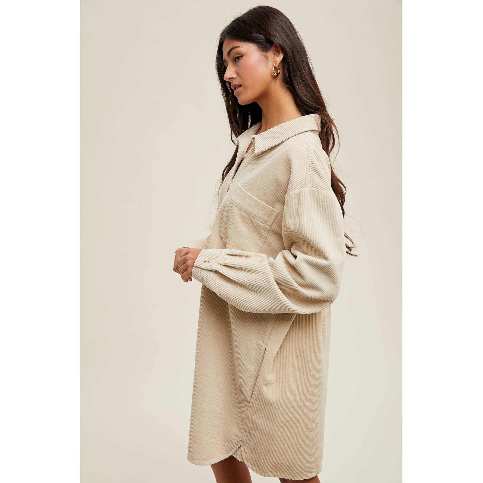 SAND CORDUROY MINI SHIRT DRESS / WL25-10897 for wholesale on Faire2