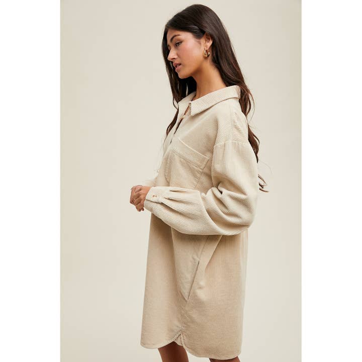 SAND CORDUROY MINI SHIRT DRESS / WL25-10897 for wholesale on Faire2