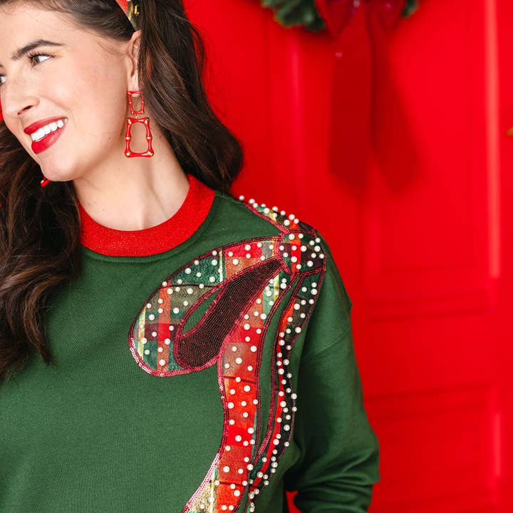 BC Green Holiday Plaid Bow Sweatshirt for wholesale by Brianna Cannon