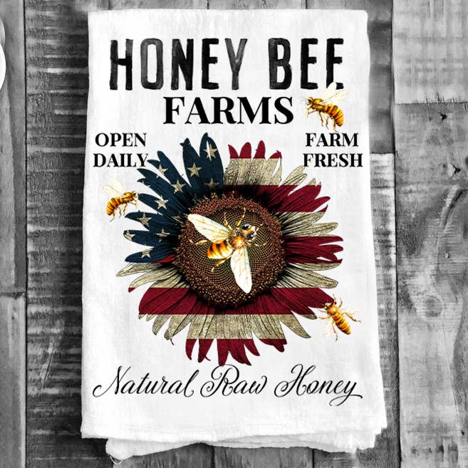 Honey Bee Patriotic Sunflower Flour Sack Tea Towel for wholesale by Avery Lane Gifts