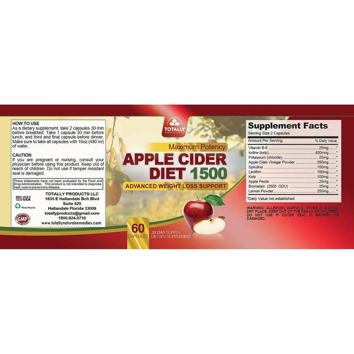 Totally Products - Wholesale Oral Supplement/Vitamin - Apple Cider Vinegar Diet Capsule 1500 (60 capsules)1