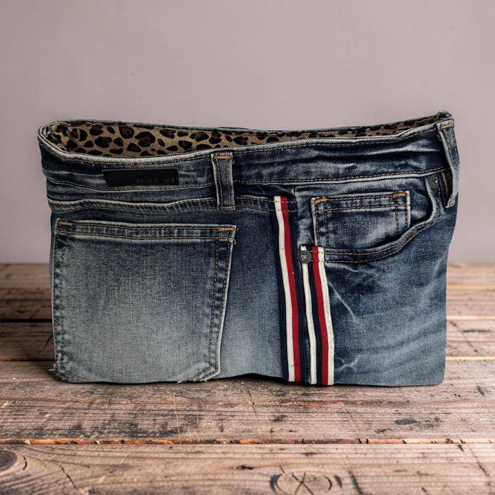 Miss Me Upcycled Denim Clutch w/ stripes – cheetah for wholesale by Indigo Bags
