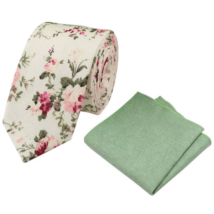 Olivia Cream Botanical Floral Cotton Tie and Sage Green Pocket Square Set for wholesale by Dickie Bow