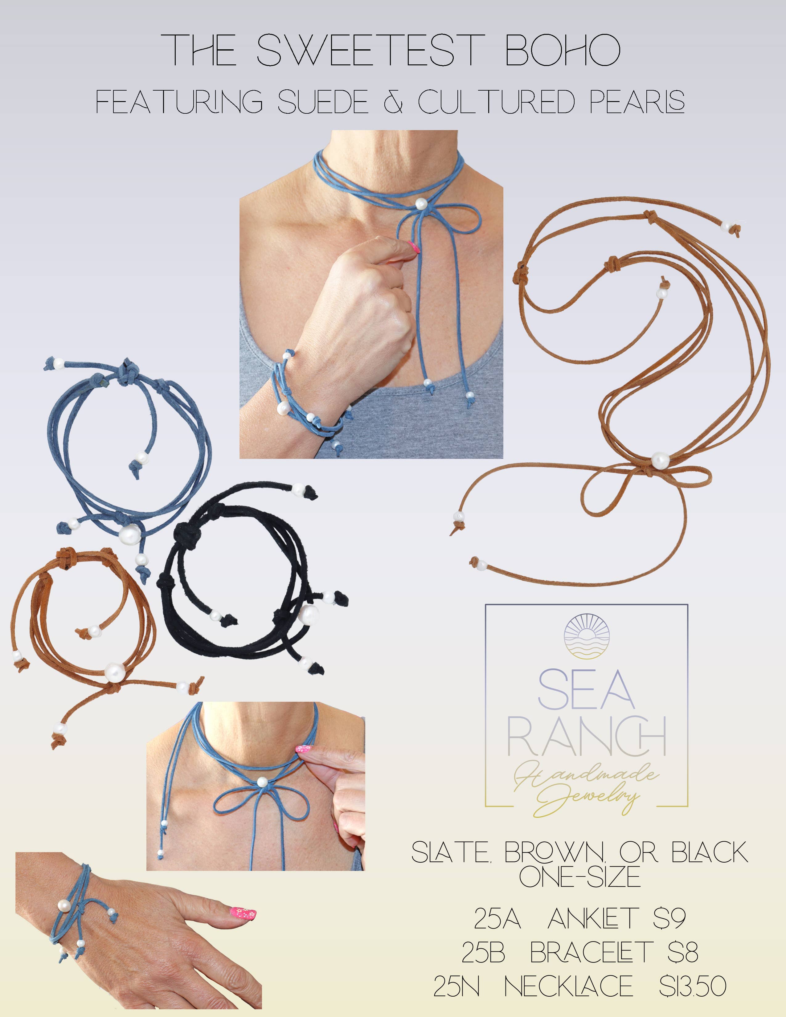 Sea Ranch Jewelry - Vendita all'ingrosso Collane di perline/perle - Collana con fiocco in pelle scamosciata e perle Boho 25N Sweetest2