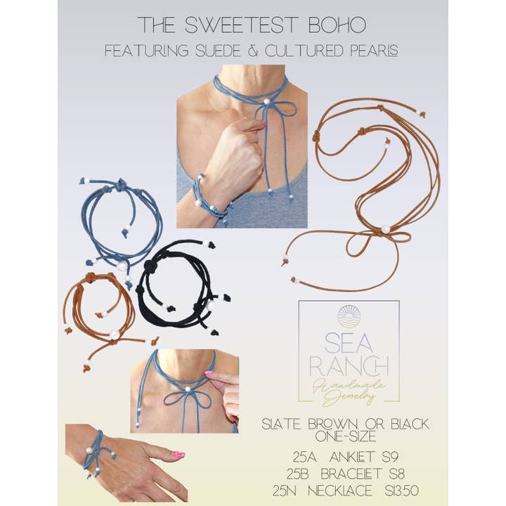 Sea Ranch Jewelry - Wholesale Beaded/Pearl Necklace - 25N Sweetest Boho Suede & Pearls Bow Necklace2