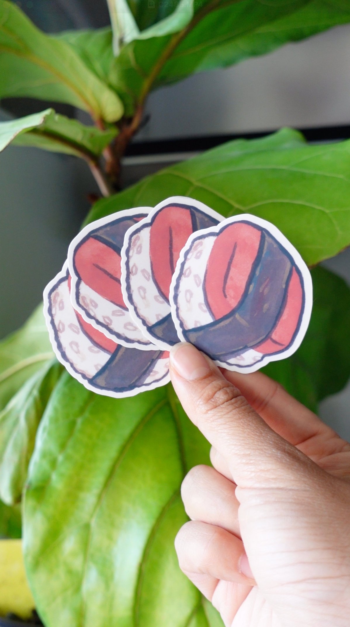 Claudine Castro Art - Wholesale Sticker - Spam Musubi gouache art sticker, stationery, hawaiian food1