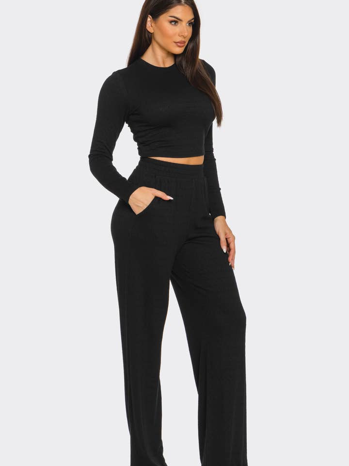 Julia by LoveJ - Wholesale Top & Pant Set (NOT Loungewear) - Women's - Texture Solid Long Sleeve Crop Top And Pants Set 12