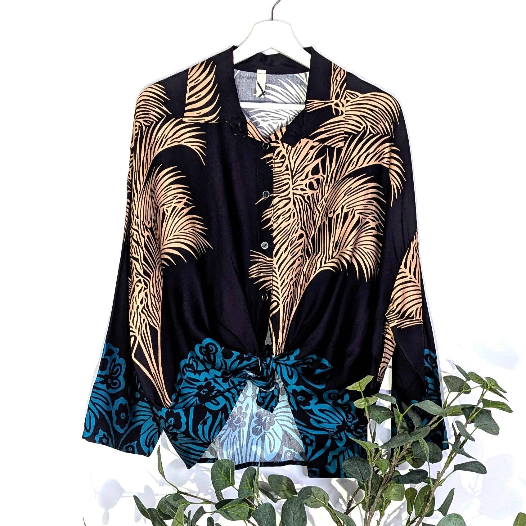 Tempest Designs - Wholesale Button Down Shirt - Women's - Viscose rayon mix palm print dressy satin shirt with border (M-L)2