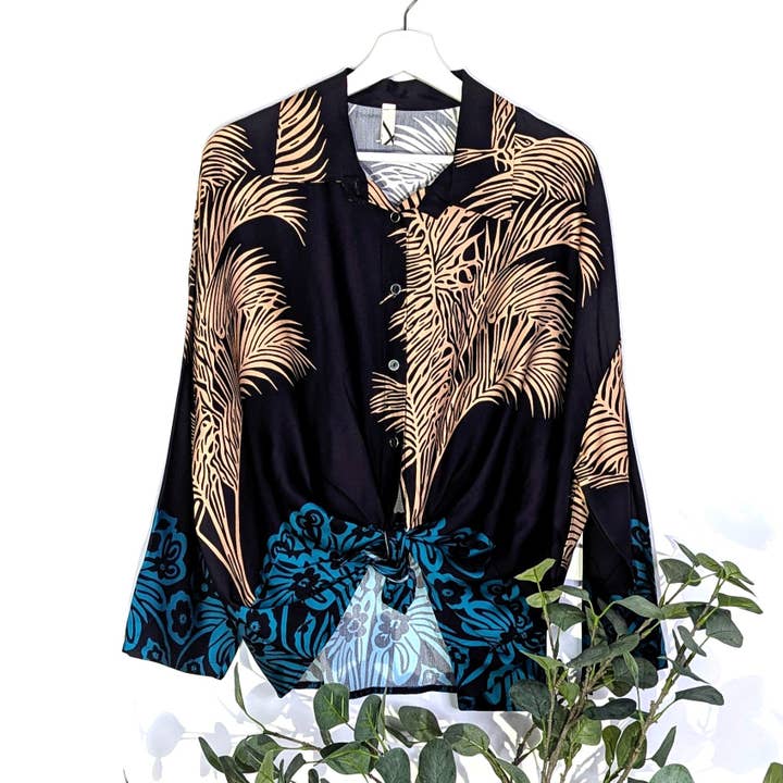 Tempest Designs - Wholesale Button Down Shirt - Women's - Viscose rayon mix palm print dressy satin shirt with border (M-L)2