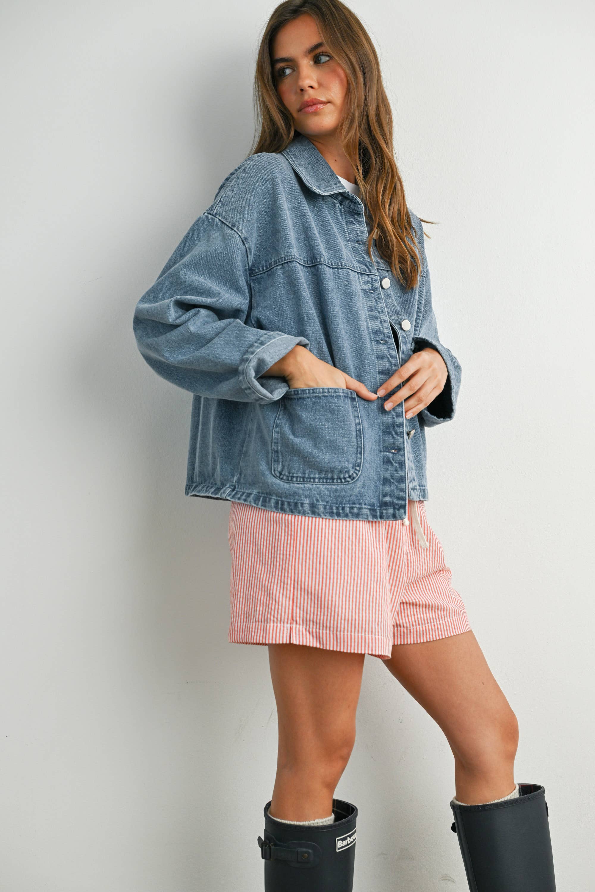 BUTTERMELON - Wholesale Denim Jacket - Women's - Button-Down Jacket with Shirt Collar and Pockets - BMJ78215