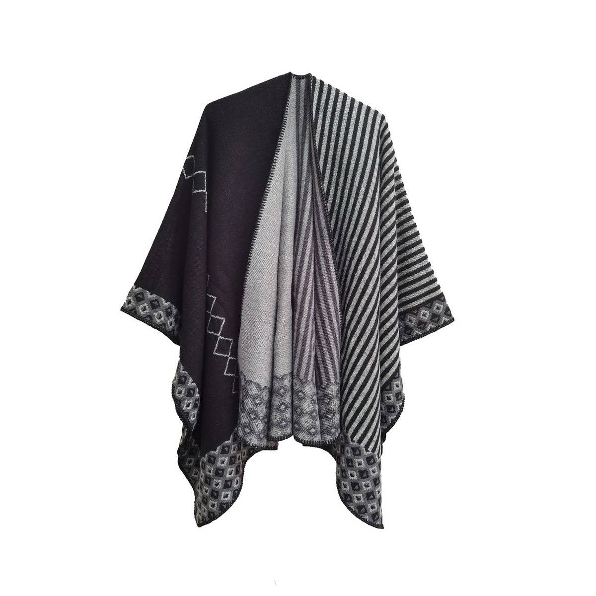 ACCITY - Wholesale Poncho - Women's - SIMPLE SPLIT SHAWL WITH DIAMOND GEOMETRIC PATTERN_CWASC02898