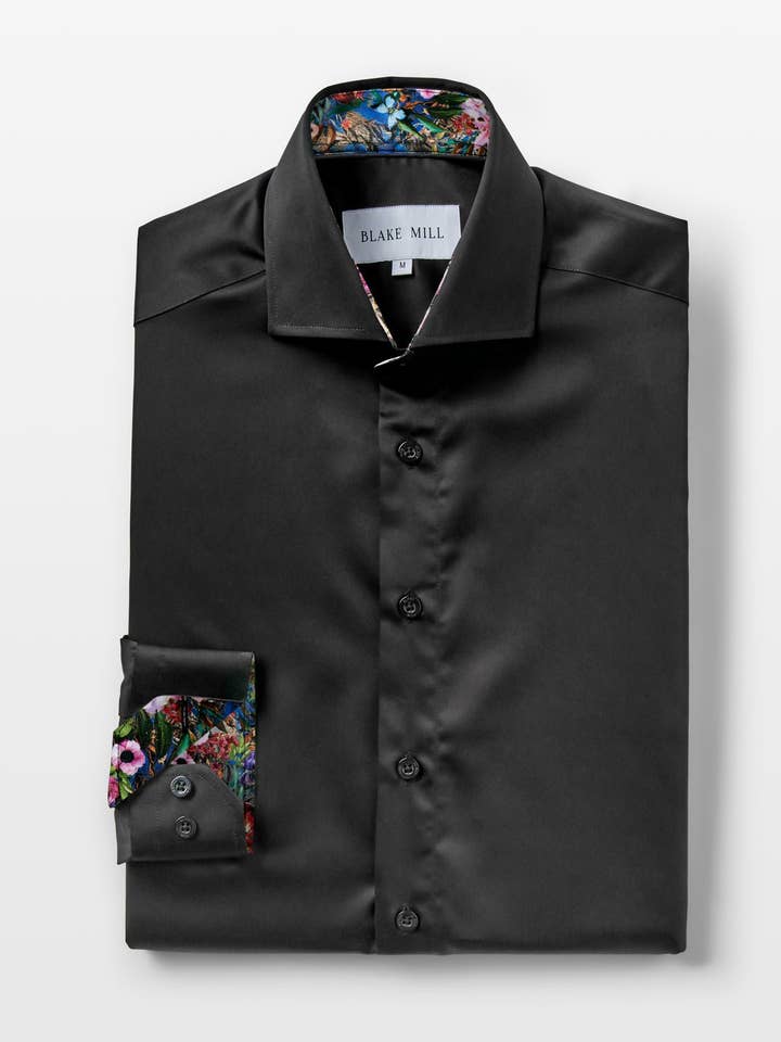 Zwarte satijn met accenten van botanische tuinen overhemd voor wholesale door Blake Mill