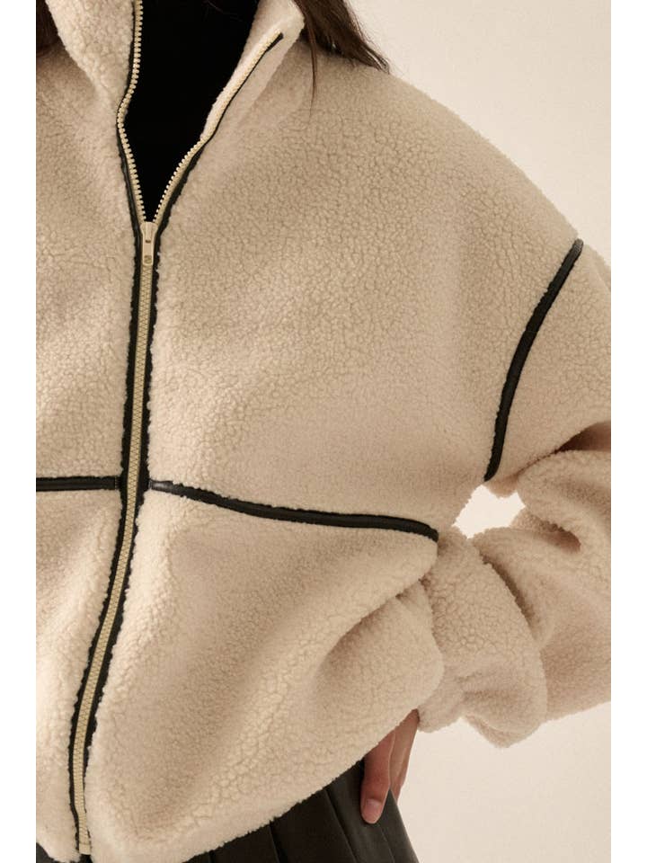 Promesa USA - Wholesale Fleece - Women's - Faux Leather-Trimmed Sherpa Fleece Zip-Up Jacket