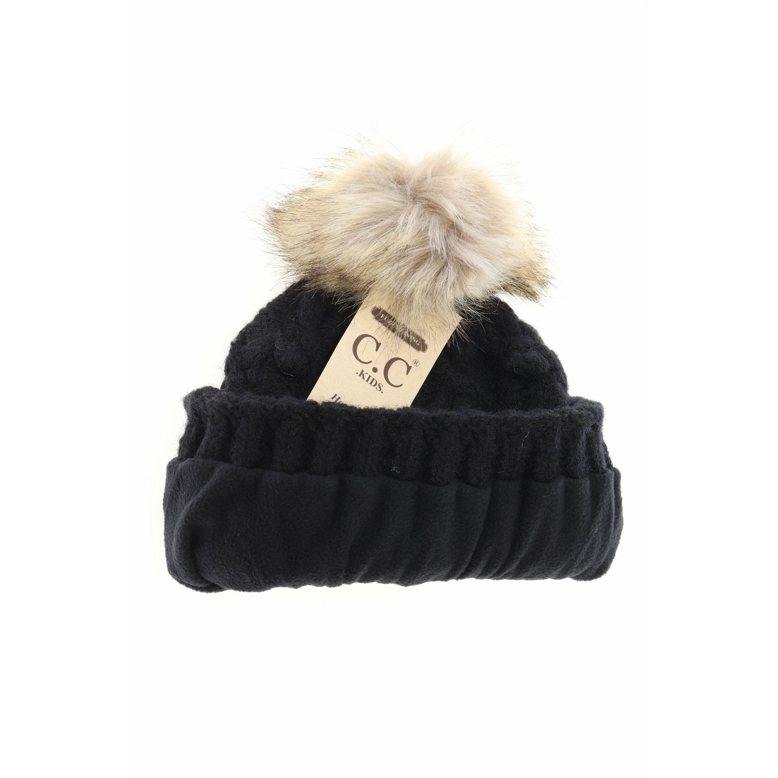 C.C Beanie – wholesale Beanie – Kids – Kids' C.C Bobble Knit Beanie with Faux Fur Pom1